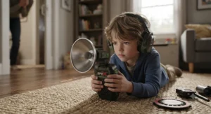 Kid using a spy listening device to overhear secrets as part of a spy gear toys set