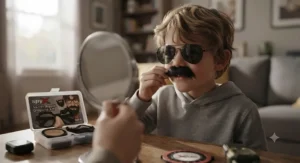 Boy trying on fake mustache and sunglasses from a spy gear toys disguise kit