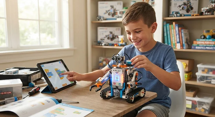 A young boy playing with an interactive STEM robot toy, designed for boys ages 8 to 10.