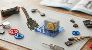 Close-up of snap-together electronic components and gears from a no-soldering STEM robotics kit for kids.