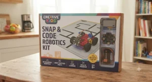 An appealing product packaging box for a top-rated solder-free robot building kit ideal for holiday gifts.