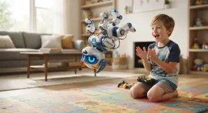 A robotic puppy toy doing a backflip stunt on a play mat for an excited boy.