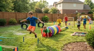 Boys playing competitive summer games on an outdoor backyard obstacle course in a suburban yard