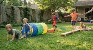 Little boys and toddlers safely navigating a beginner backyard obstacle course on soft grass