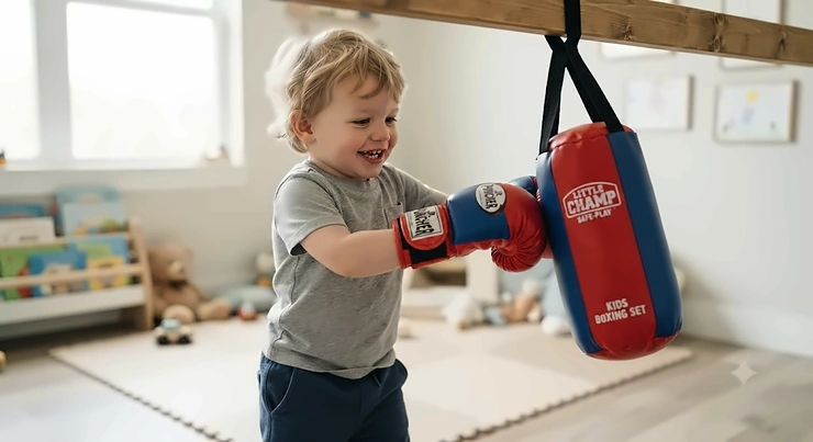 Young child wearing padded kids boxing gloves and punching bag set designed for safe toddler exercise.
