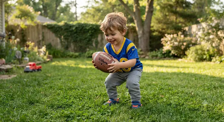 Young boy holding a soft youth football on a backyard lawn street hockey set for boys