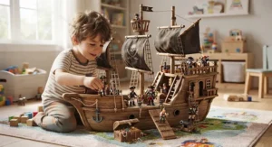 Young boy engaging in imaginative play with a large pirate ship playset in his bedroom.