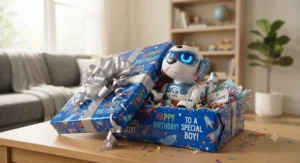 A beautifully wrapped birthday gift box with a popular robot dog toy peeking out for boys.