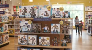 A collection of top-rated robot toys for boys age 8-10 displayed in a toy store.