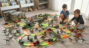 The ultimate dinosaur world playset collection laid out for boys to build and play