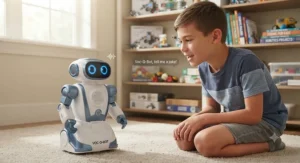 A high-tech voice-activated robot toy interacting with a boy, designed for children aged 8-10.