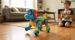 A colorful electronic robot dog toy for boys walking and dancing on a hardwood floor.