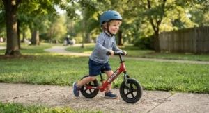 Boy wearing a helmet while riding a red balance bike on a sidewalk