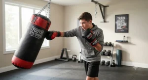 Teenager training with a professional-grade kids boxing gloves and punching bag set in a home fitness area.