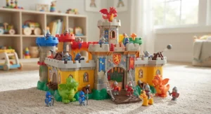 Colorfully painted, action-packed castle playset suitable for young boys and toddlers.
