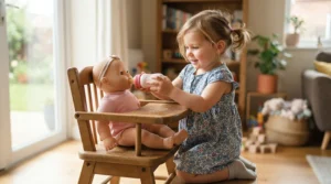 A baby doll with accessories for toddlers including a toy bottle for nurturing role play.