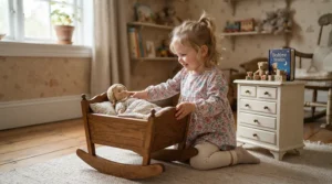 A child engaged in nurturing play with a baby doll with accessories for toddlers in the nursery.