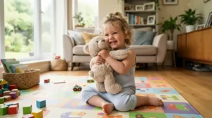 A soft baby doll with accessories for toddlers sitting on a cozy living room rug during playtime.
