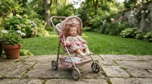 A baby doll with accessories for toddlers riding along in a miniature pink toy stroller.