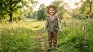 Smiling boy wearing a safari vest and hat from his outdoor explorer kit for boys during a backyard safari