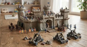 Epic battle scene setup using a boys fantasy fortress playset with catapults and protective shields.