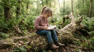 Boy writing in a nature notebook included in an outdoor explorer kit for boys while sitting on a log