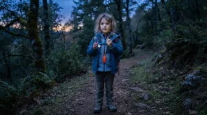 Excited boy playing with a hand-crank flashlight and whistle from an outdoor explorer kit for boys at dusk