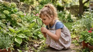 Boy using a magnifying glass from an outdoor explorer kit for boys to examine a leaf in the backyard