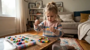 A young girl using a budget jewelry making kit for beginners to thread colorful beads onto a bracelet.