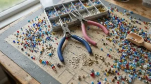 Essential DIY jewelry supplies laid out from a budget jewelry making kit for beginners.