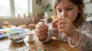 A child developing coordination with a budget jewelry making kit for beginners.