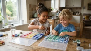 Kids enjoying a budget jewelry making kit for beginners during a fun afternoon craft activity.
