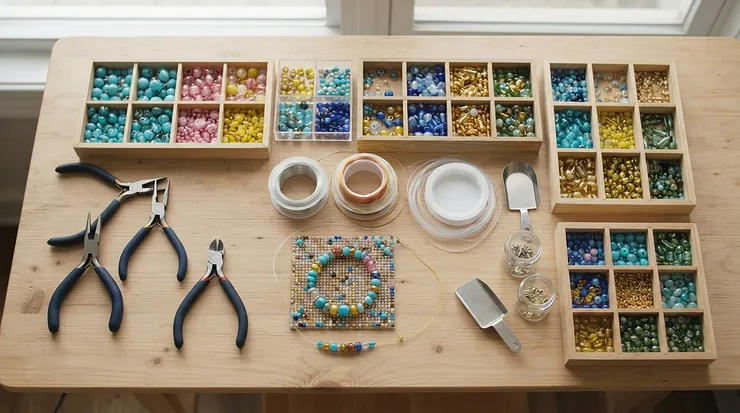 A budget jewelry making kit for beginners displayed neatly on a wooden table with colorful beads and tools.