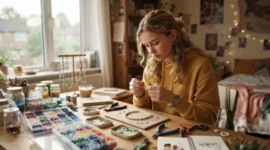 A teenager designing custom necklaces with a budget jewelry making kit for beginners.