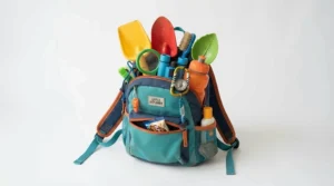 Green explorer backpack packed with a realistic camping toy set for boys, ready for adventure.
