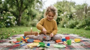Toddler playing chef with the toy cookware set from the camping toy set for boys.