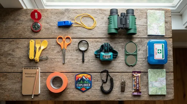 A complete camping toy set for boys displayed on a wooden table, featuring a pretend lantern, compass, and multi-tool.