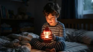 Boy using the glowing toy lantern from his camping toy set for boys during a bedroom campout.