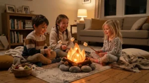 Kids roasting faux marshmallows over a toy campfire included in the camping toy set for boys.