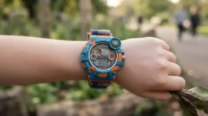 Close-up of the pretend compass watch included in the camping toy set for boys.