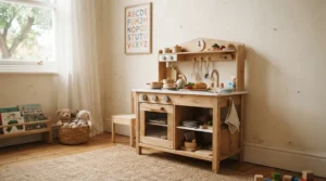 A space-saving compact kitchen playset for small apartments styled in a kid's shared bedroom.