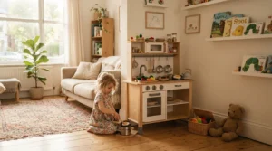 A compact kitchen playset for small apartments fitted neatly into a cozy living room corner during pretend cooking play.