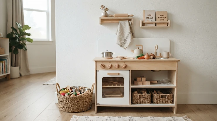 A modern neutral-toned compact kitchen playset for small apartments blending with home decor.