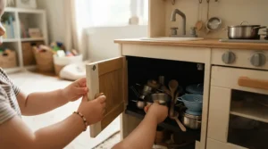 Built-in storage compartments on a compact kitchen playset for small apartments keeping toys organized.