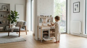An apartment-friendly compact kitchen playset for small apartments displayed in an open-concept studio home.