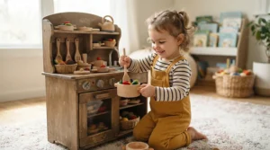 A toddler enjoying pretend cooking play with a compact kitchen playset for small apartments.