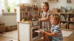 Two siblings sharing a compact kitchen playset for small apartments during interactive pretend play.