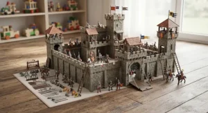 Complete knights castle playset with all included weapon accessories, ladders, and flags.