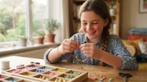 A girl exploring new tween hobbies with a complete craft kit for girls who like DIY projects.