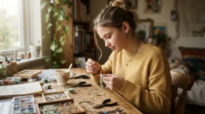 A colorful craft kit for girls who like DIY projects spread out on a desk in a sunny bedroom.